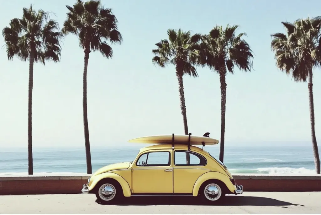 Car with ocean and palm trees in background