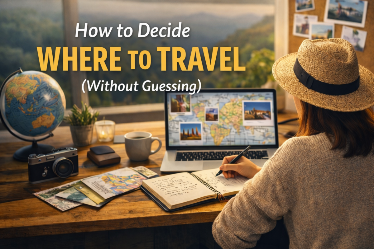A traveler reviewing maps, notes, and destination ideas while deciding where to travel
