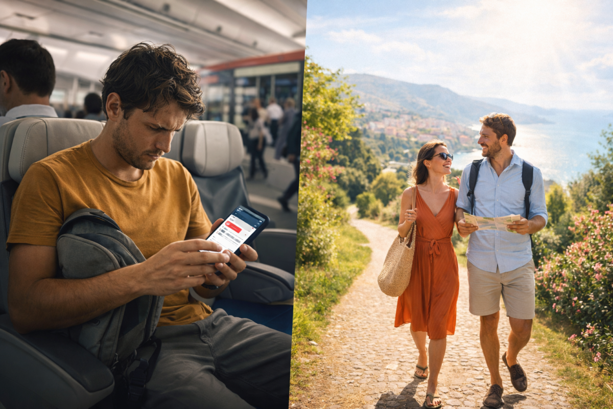 Comparison of a traveler experiencing frustration during an unplanned trip versus a couple enjoying a relaxed, well-planned journey