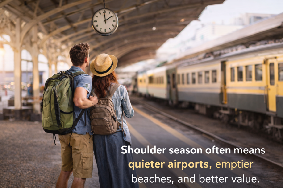 A couple traveling during shoulder season with fewer crowds and easier logistics