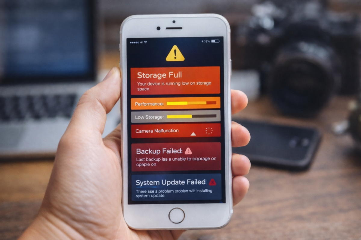 Smartphone displaying storage full warnings and performance issues caused by excessive photos, videos, and travel-related files.