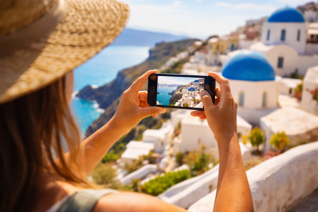 Traveler photographing a historic landmark with a smartphone, illustrating how long-term travel leads to large volumes of photos that can overload phone storage.