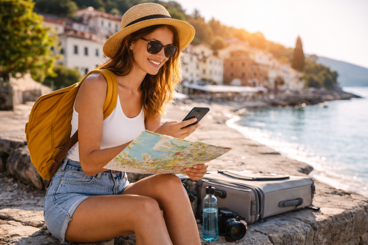 Solo traveler using a smartphone and map while sitting by the coast, representing affordable trip planning in action.