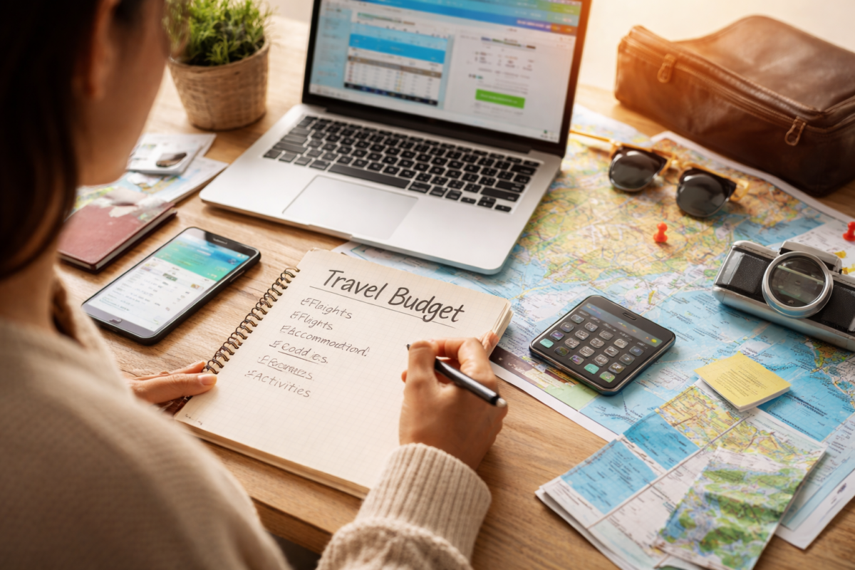 Traveler reviewing a travel budget with laptop, map, calculator, and notebook while planning an affordable trip.