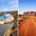 A coastal highway along the Great Ocean Road contrasted with a red dirt outback road leading to Uluru, showing the diversity of Australian road trips.