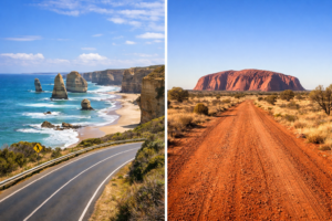A coastal highway along the Great Ocean Road contrasted with a red dirt outback road leading to Uluru, showing the diversity of Australian road trips.