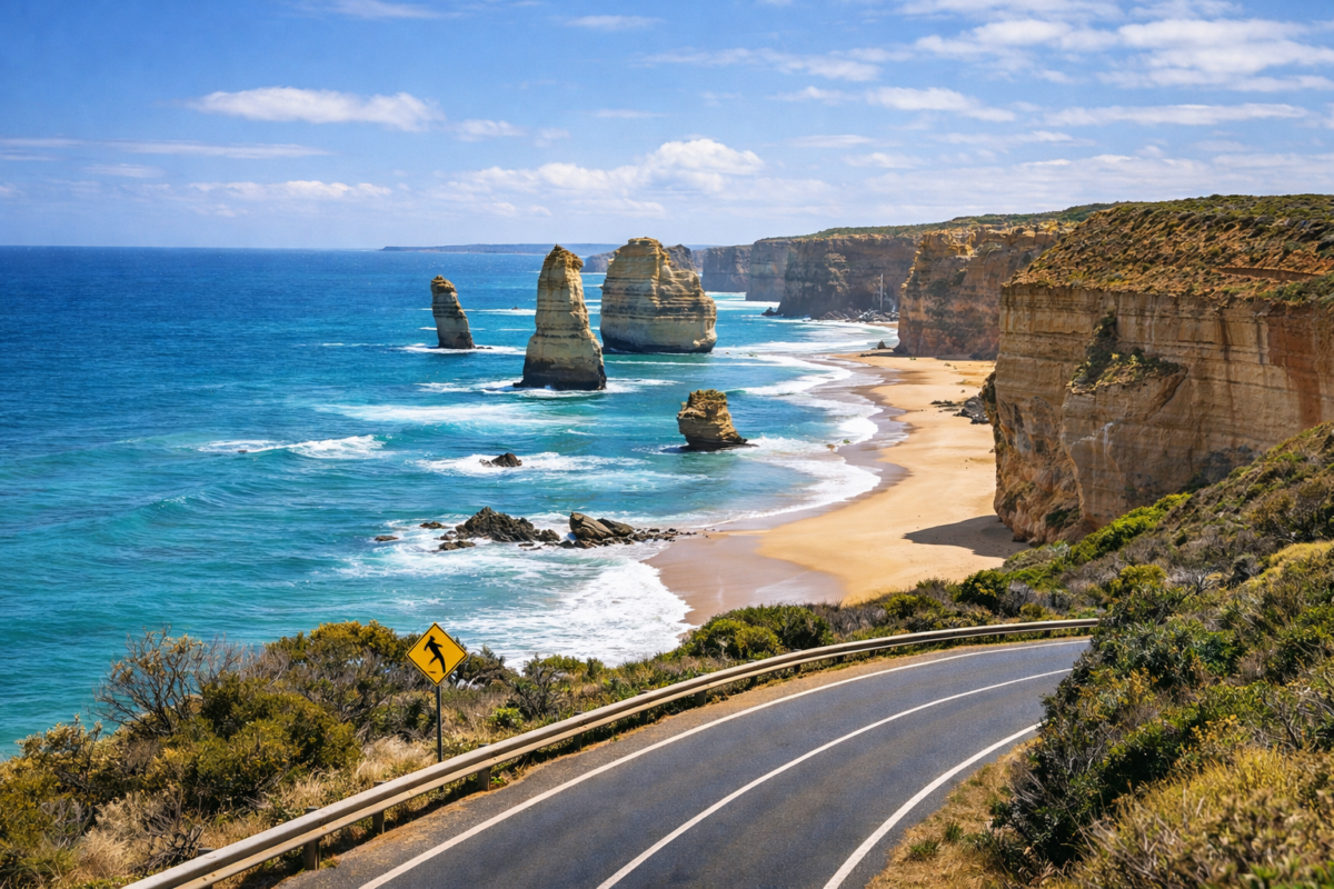The Twelve Apostles limestone stacks along the Great Ocean Road, showcasing one of Australia's most iconic coastal road trip routes.