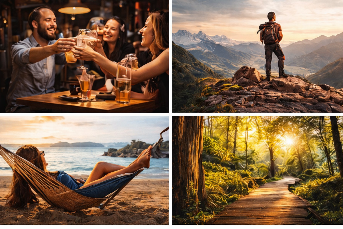 Different types of travel experiences: connection, adventure, relaxation and nature