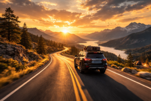 SUV driving along a scenic mountain highway at sunset, symbolizing preparation for an ultimate adventure road trip.
