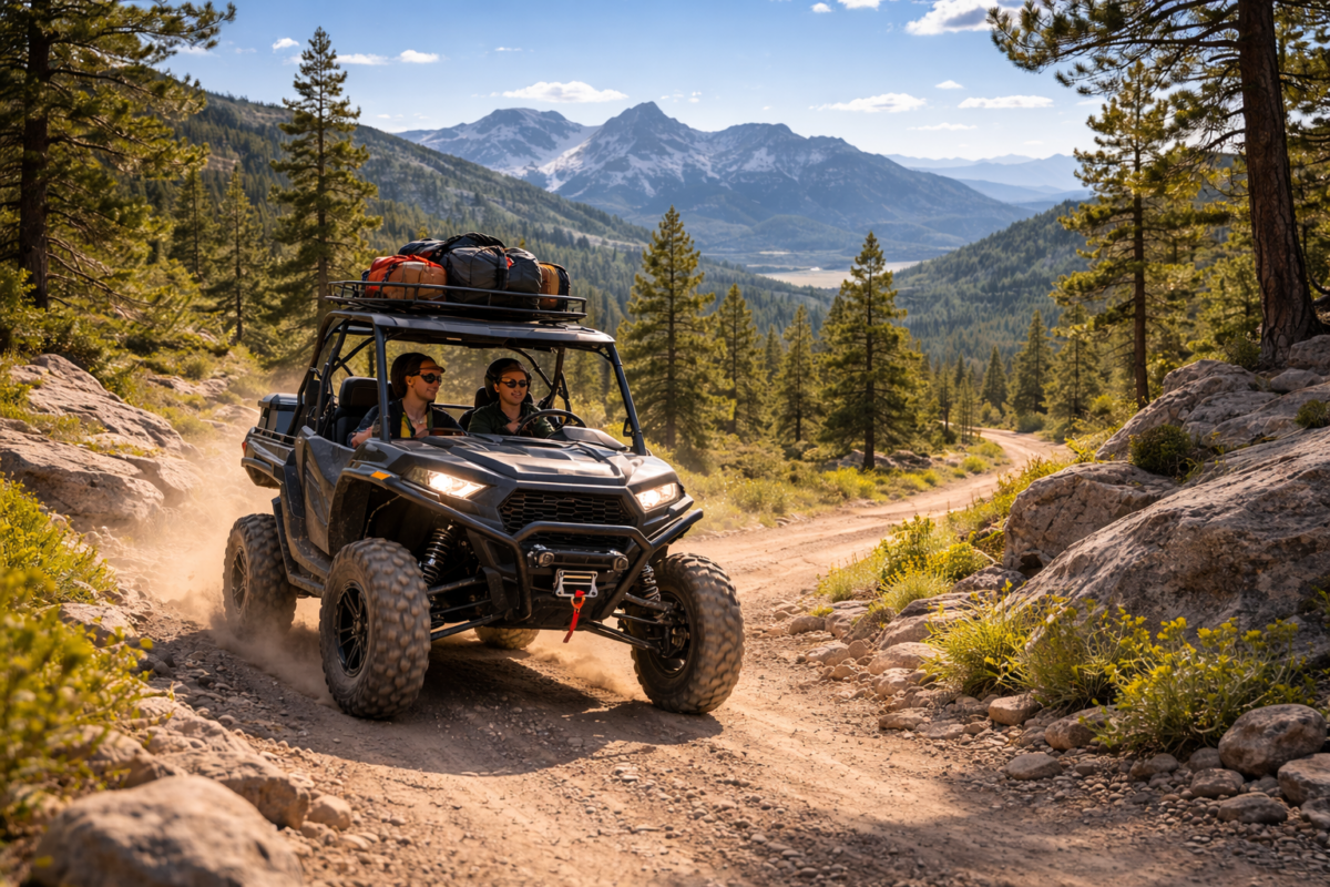 Couple riding a side-by-side UTV along a mountain dirt trail during the day, representing preparation for off-road adventure travel.