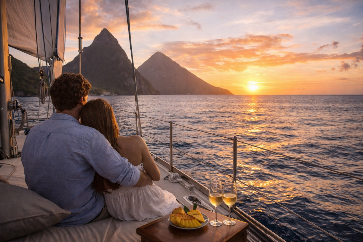 Couple enjoying a sunset sailing experience along St. Lucia’s coastline, highlighting shared travel experiences and intimacy