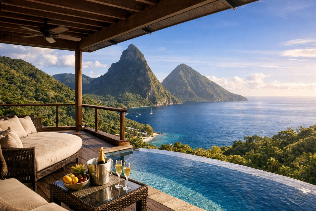 Panoramic view of St. Lucia’s Pitons with a luxury hillside villa overlooking the Caribbean, illustrating a private and romantic honeymoon setting