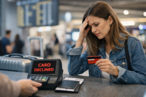 Traveler at an airport checkout looking concerned after their card is declined while abroad