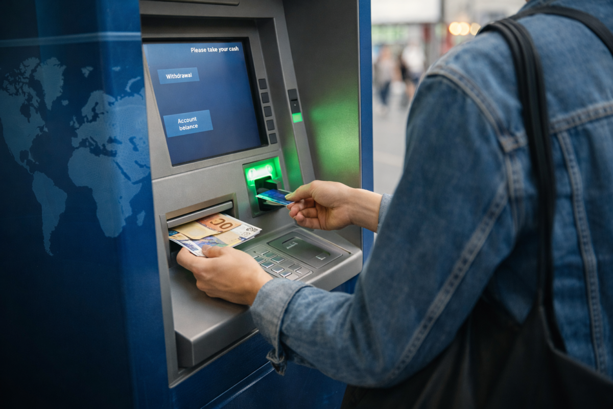 Traveler withdrawing cash from an international ATM as a backup after card payment failure