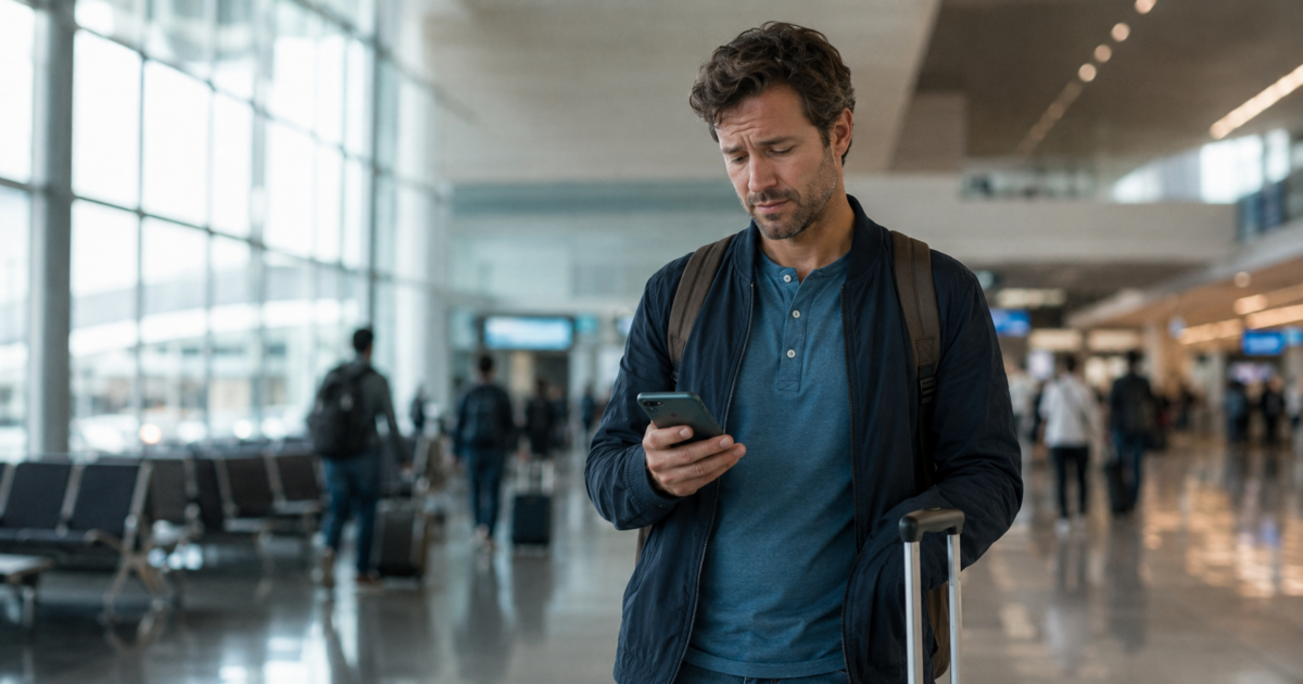 A traveler at an airport checking their phone — illustrating the risks of relying on AI travel advice without verification