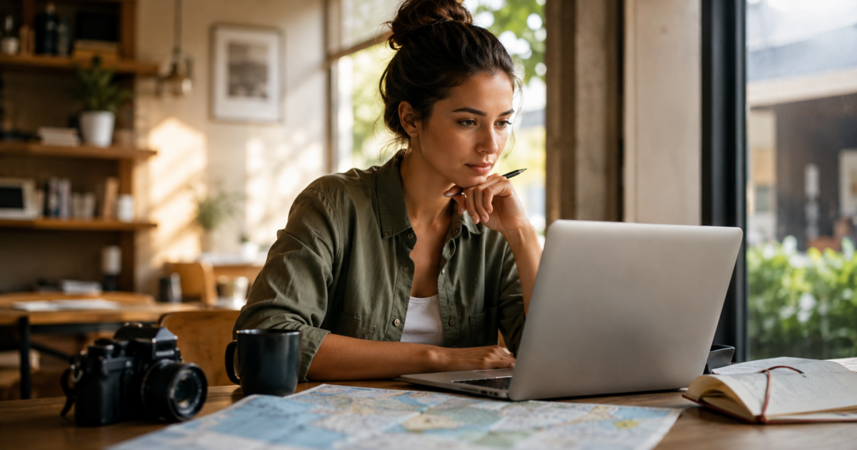 A traveler brainstorming trip ideas using AI travel tools on a laptop — planning with the best AI tools in 2026