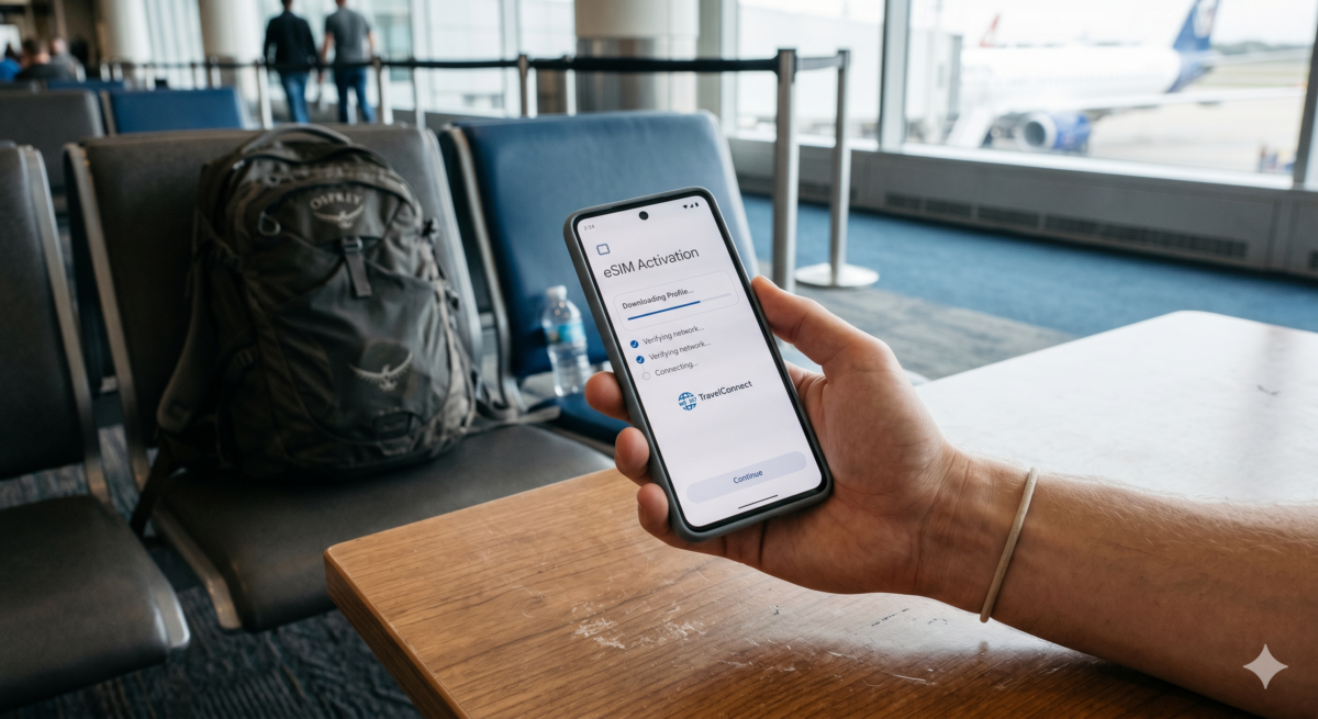 Smartphone displaying an eSIM setup screen, highlighting a cost-saving mobile data option for US travel
