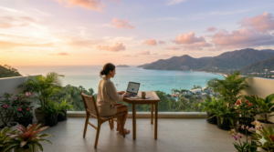 Traveler working on a laptop with a scenic destination view, representing earning money while traveling
