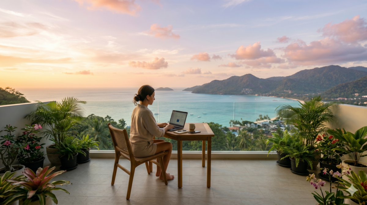 Traveler working on a laptop with a scenic destination view, representing earning money while traveling