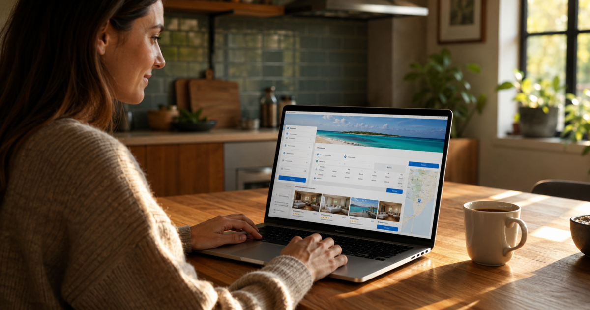 A traveler checking award availability on a laptop — comparing points value to cash price