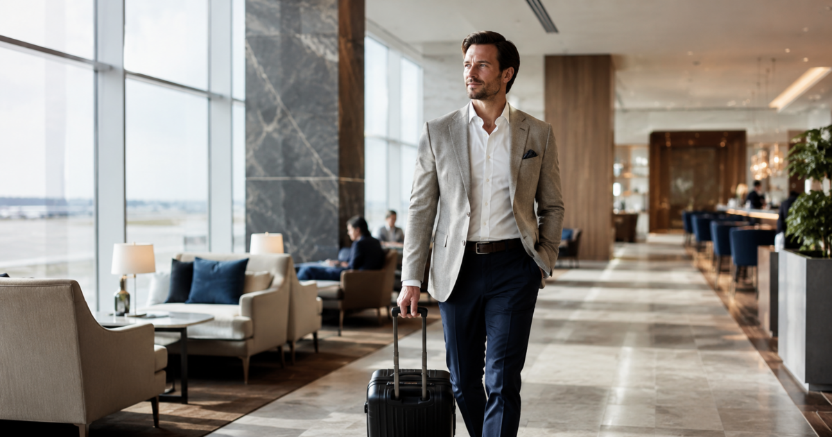 A confident traveler walking through an airport lounge — someone who thinks like an Operator