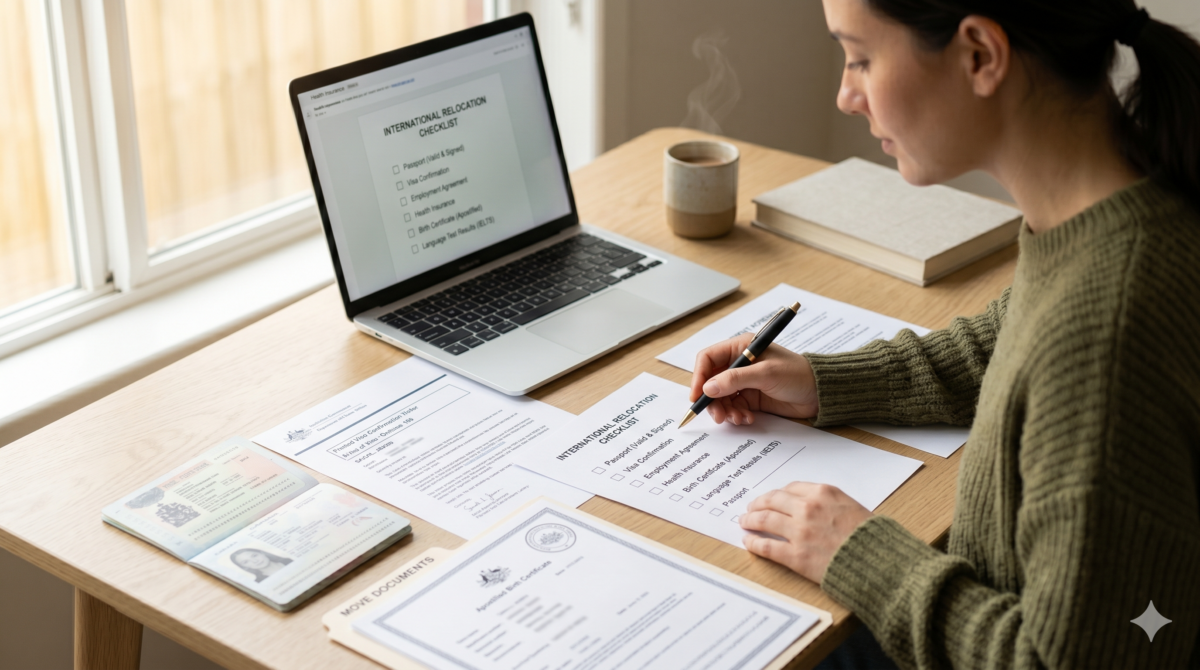 Traveler reviewing a checklist of required documents like passport, visa, insurance, and financial records before moving abroad