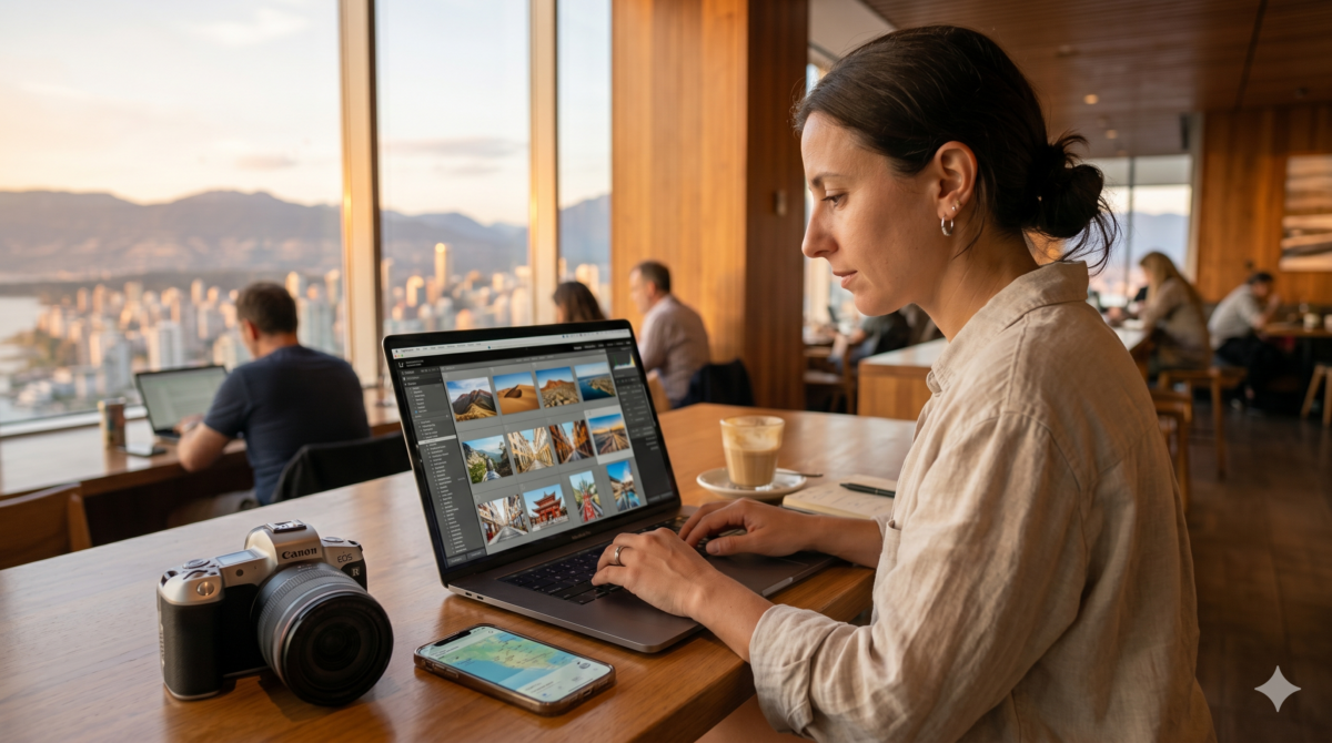 Traveler reviewing and selecting photos on a laptop to upload to stock photography platforms