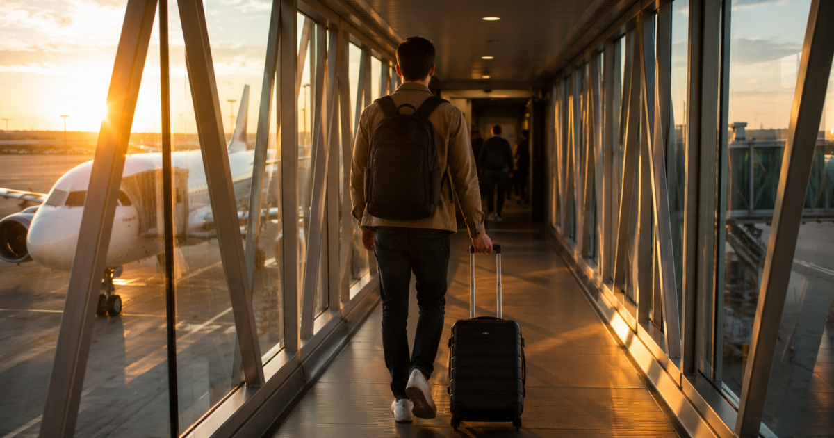 Traveler walking through jet bridge onto plane at sunrise, carry-on bag in hand