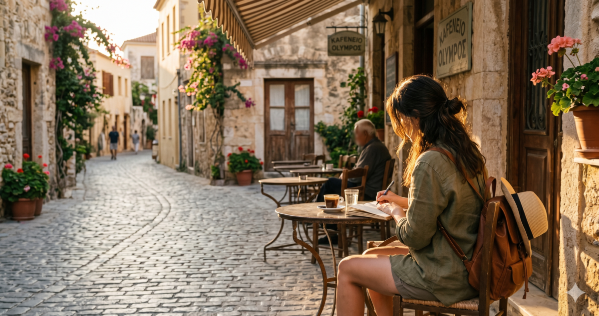 Relaxed traveler at a quiet Mediterranean café during shoulder season with warm golden hour light