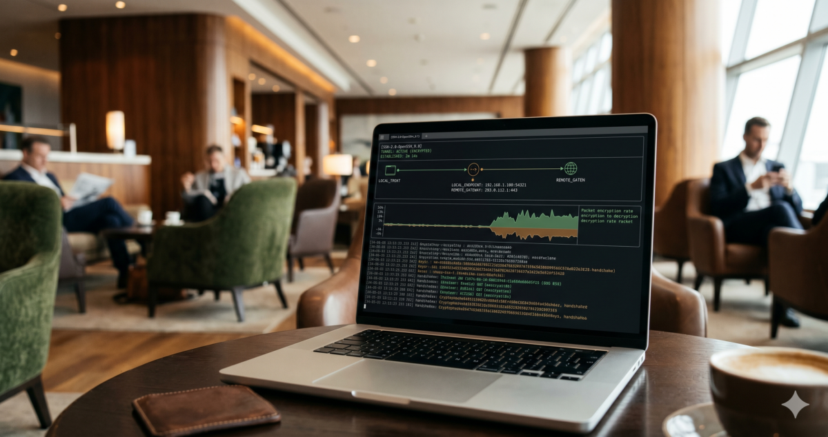 An encrypted virtual network interface active on a laptop screen within an open airport lounge space.