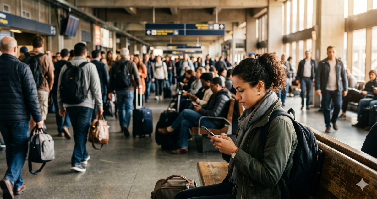 A focused traveler using a smartphone on an open public wireless network inside a crowded transit hub terminal.