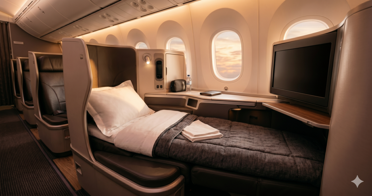 Business class lie-flat seat with window view, representing premium award travel redemption value
