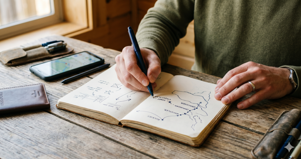 A hand drawing a travel decision map on paper with routes and notes, representing the Regret-Free Trip Audit planning process