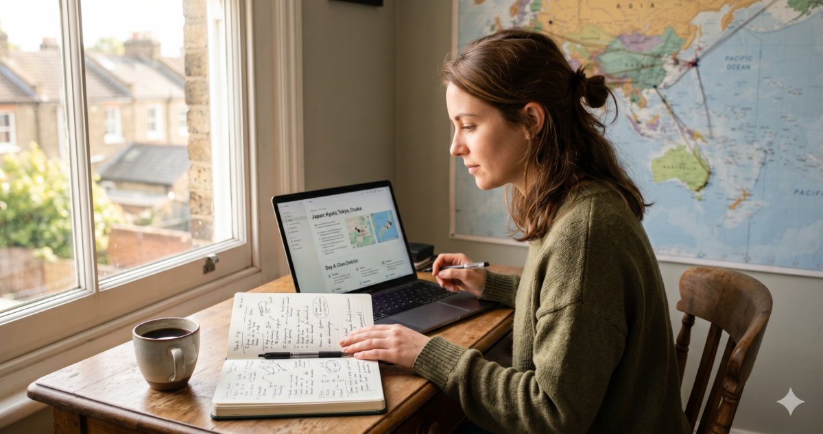 Traveler reviewing a trip itinerary on a laptop with a notebook open beside them, planning carefully before booking