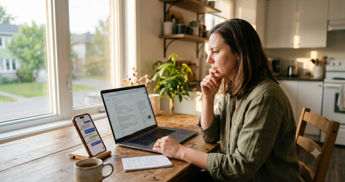 Split screen style scene showing phone with AI chat answer beside laptop with search results