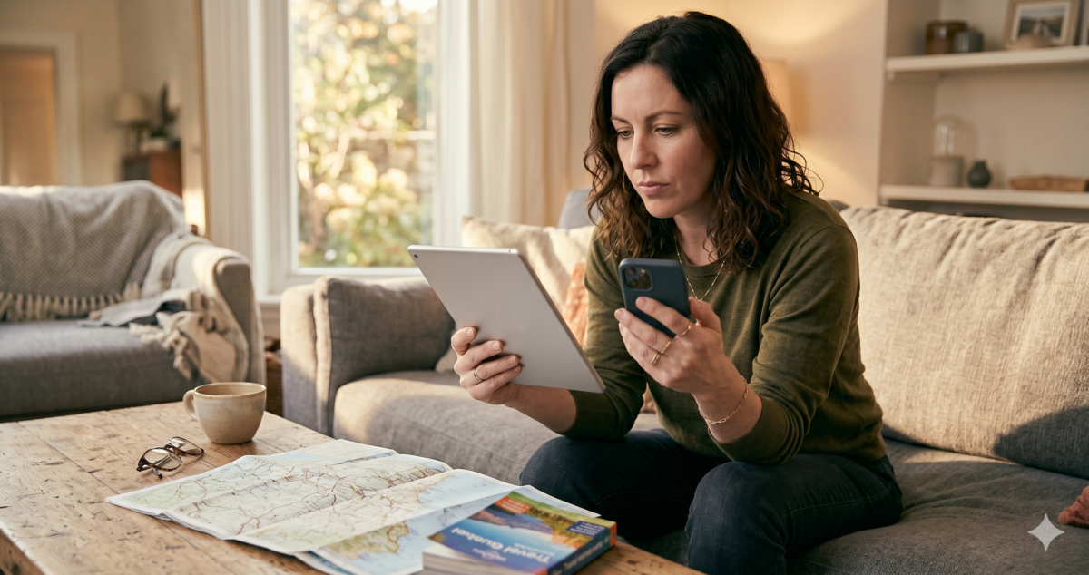 Person comparing two AI travel itinerary drafts side by side on a tablet and phone