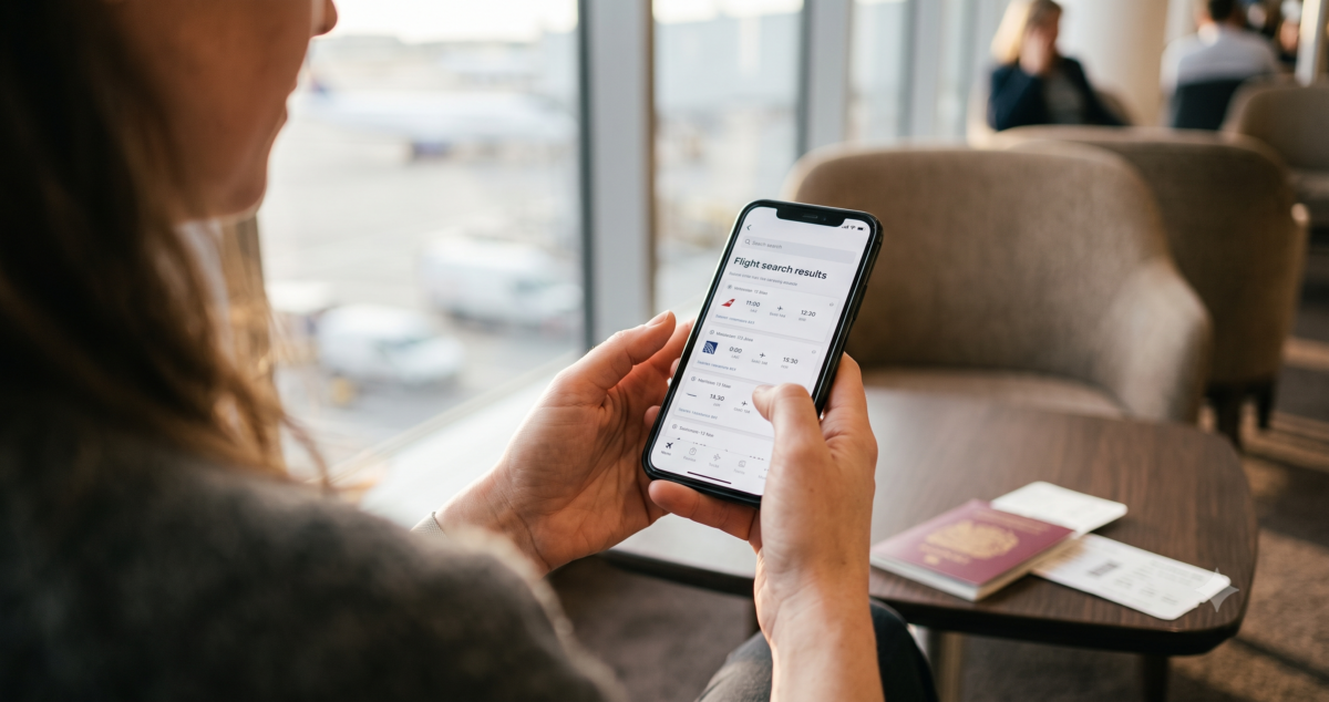 Close-up of traveler using phone app to verify flight award seat availability