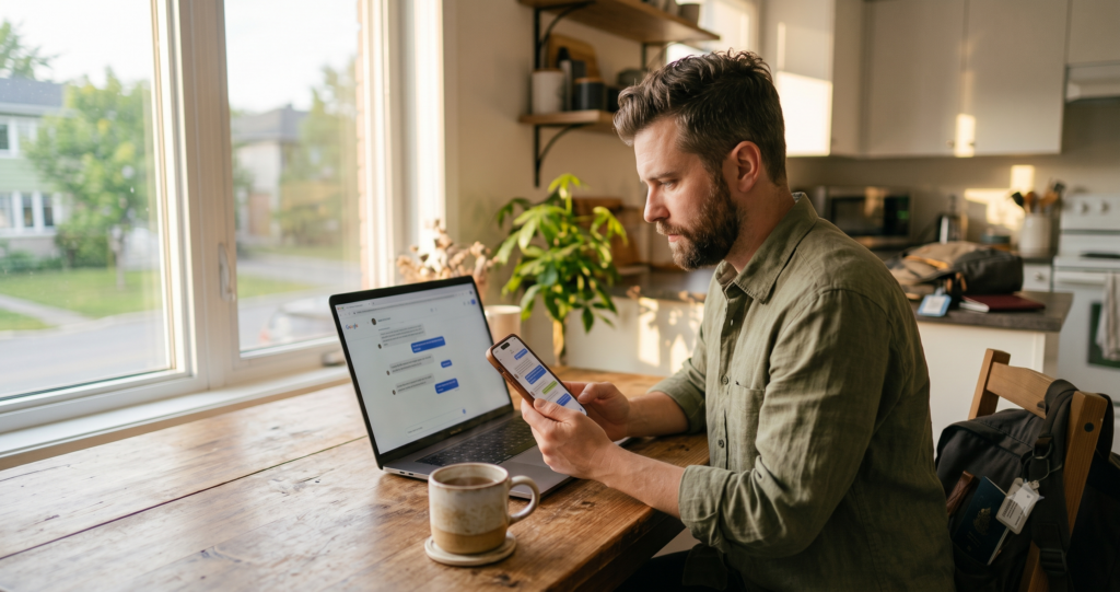 Traveler cross-checking AI flight advice on a laptop against an airline app at a kitchen table