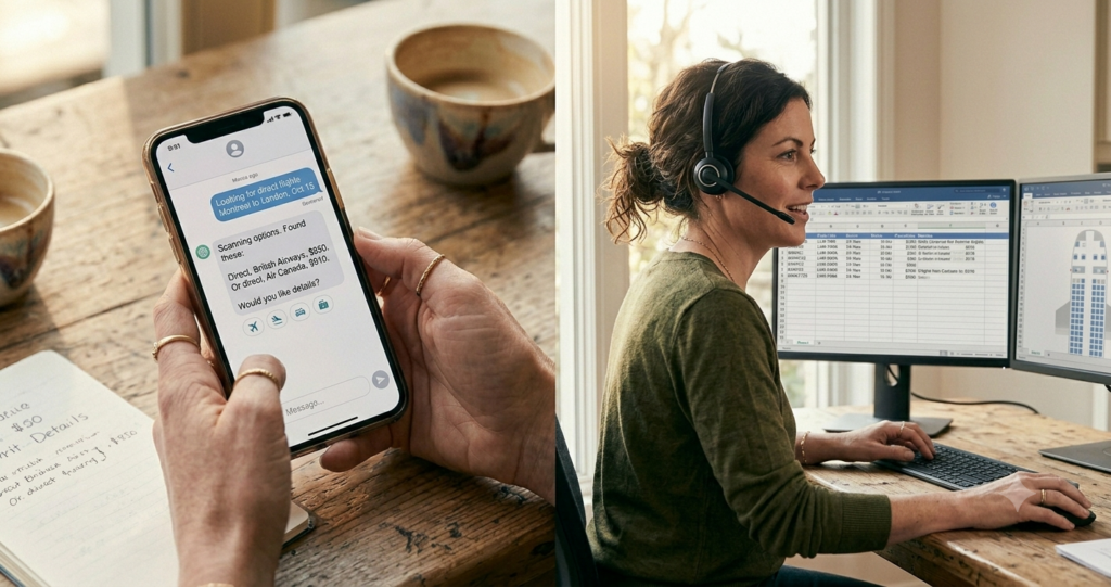 Split scene showing AI chat interface on a phone next to a human travel advisor on a call with a client