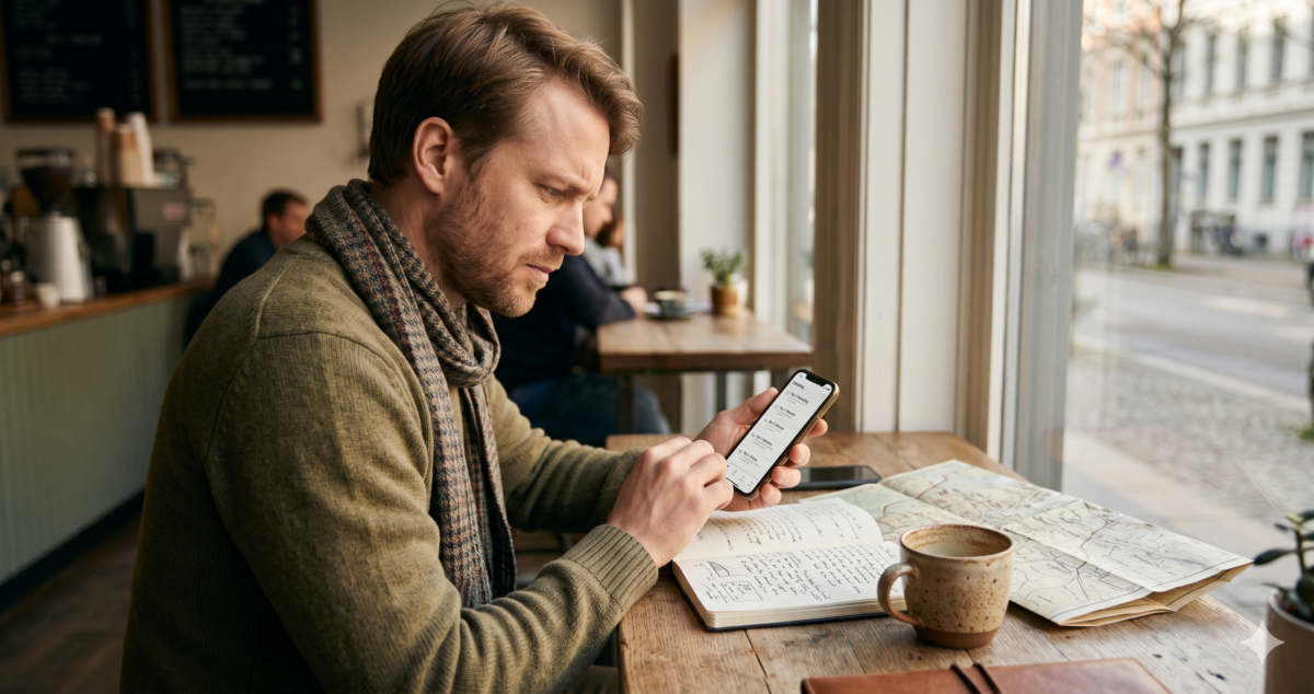 Traveler comparing a generic AI-generated itinerary on a phone screen against a handwritten travel plan at a cafe table