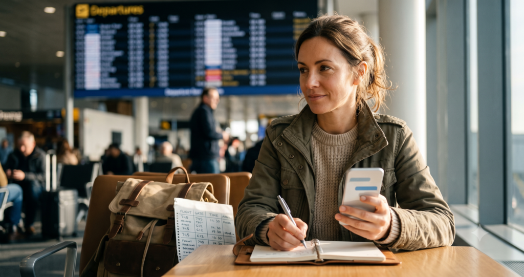 Traveler comparing AI chatbot itinerary on phone with notebook showing points and miles calculations at airport
