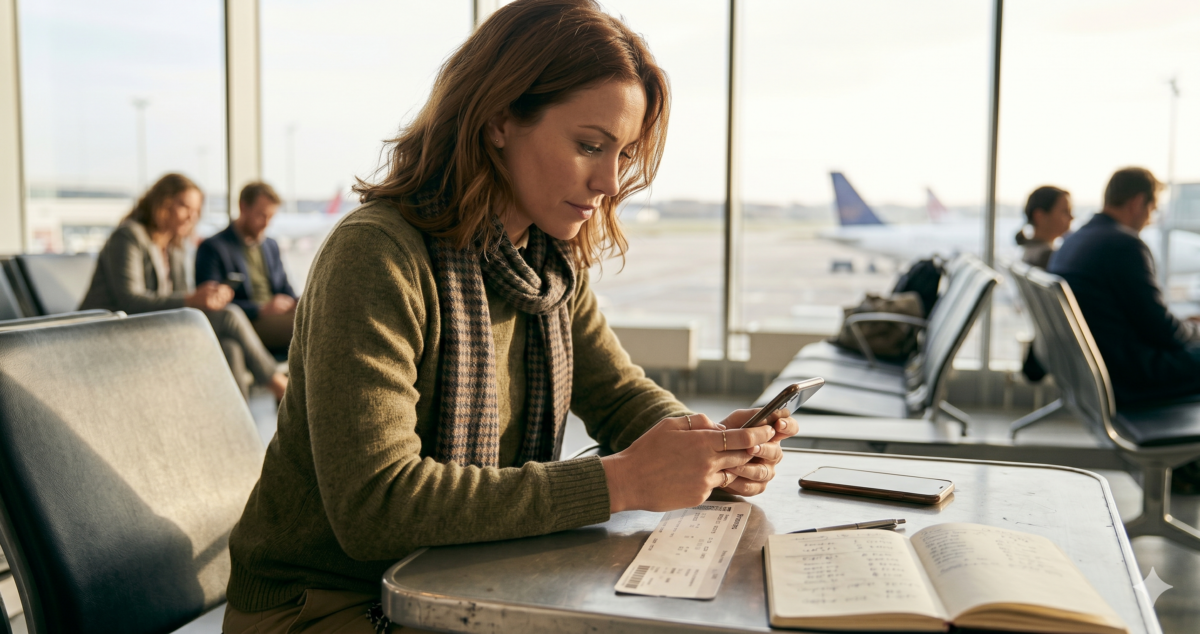 Traveler checking AI chatbot travel suggestions on phone in airport lounge