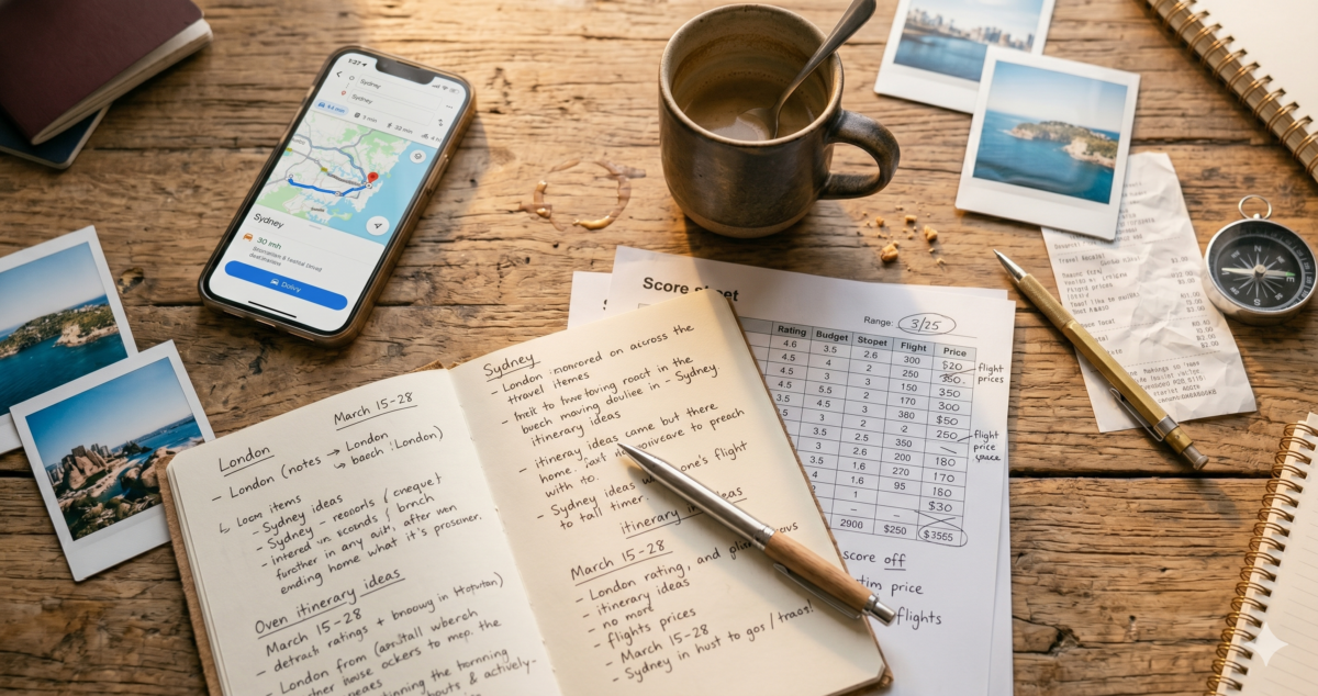 Overhead view of travel planning notes and scores spread across a wooden desk with a phone and coffee