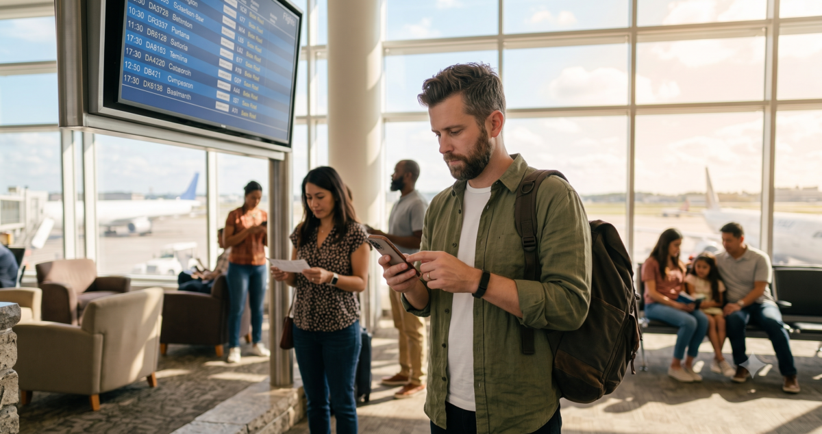 Traveler checking phone against gate departure board to verify flight details in person