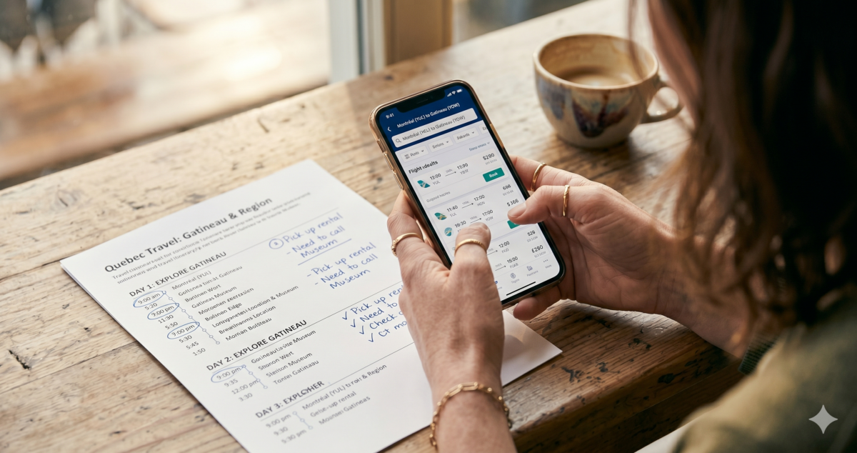 Close-up of hands checking flight award availability on phone next to printed itinerary