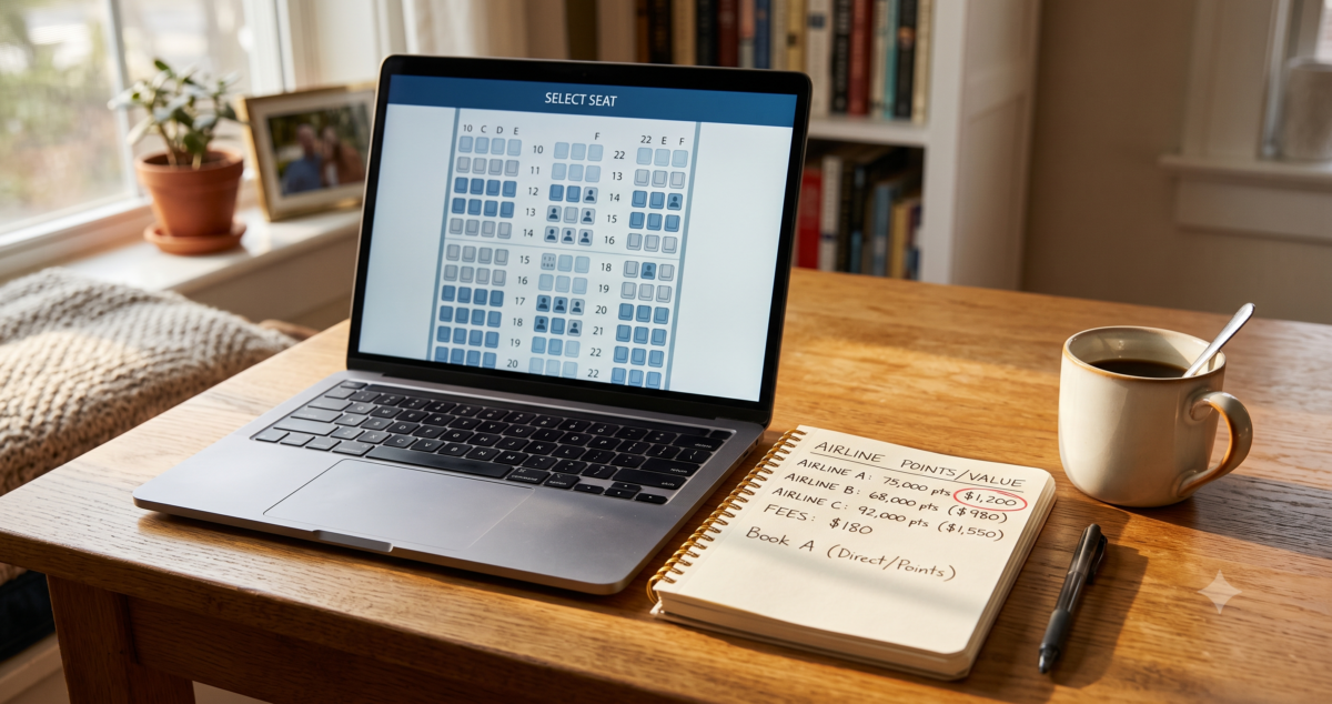 Split scene showing airline seat map on a laptop screen next to a handwritten points transfer bonus tracking sheet