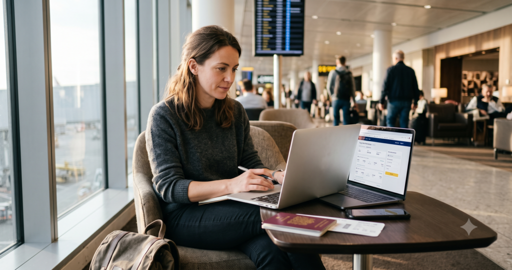 Traveler comparing AI travel tool results on a laptop in an airport lounge Title: Best AI Travel Tools Stack Comparison