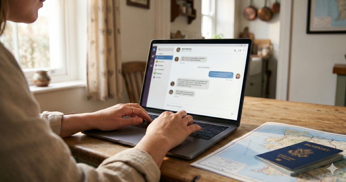 Close-up of hands typing a travel comparison prompt into an AI chat interface