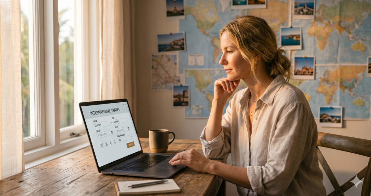 Traveler at laptop comparing AI travel planning tools with flight search open on screen