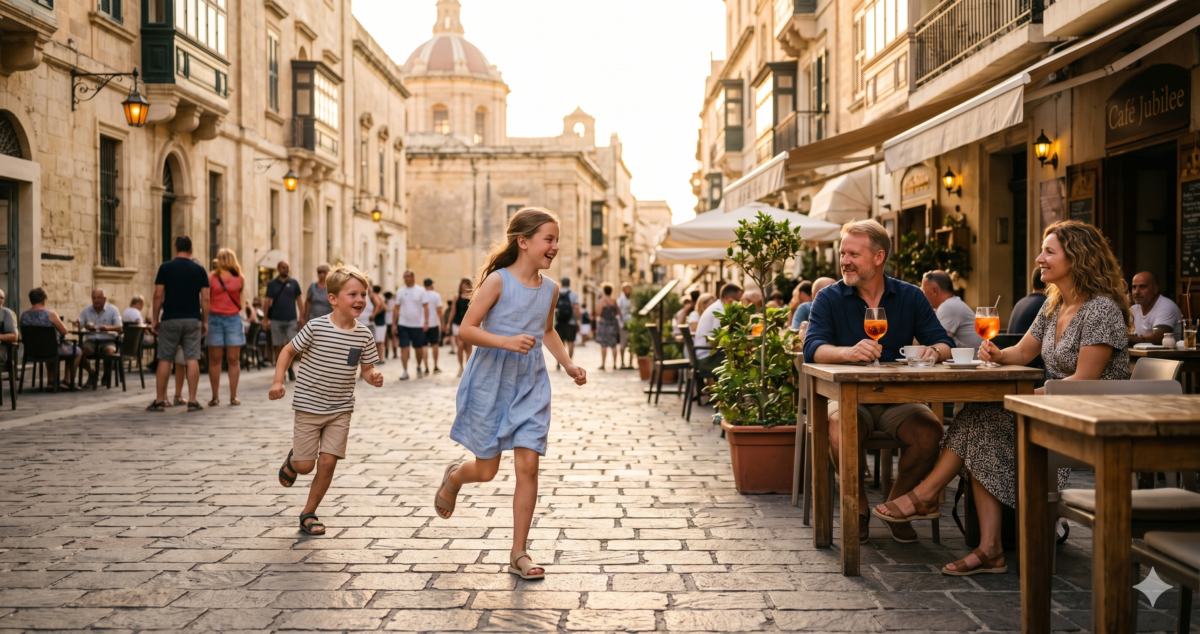 Two children running through a sunlit European cobblestone square while parents watch from a café terrace